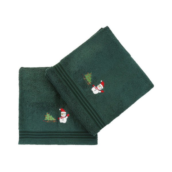 Sada 2 zelených vianočných uterákov Snowy, 70x140 cm