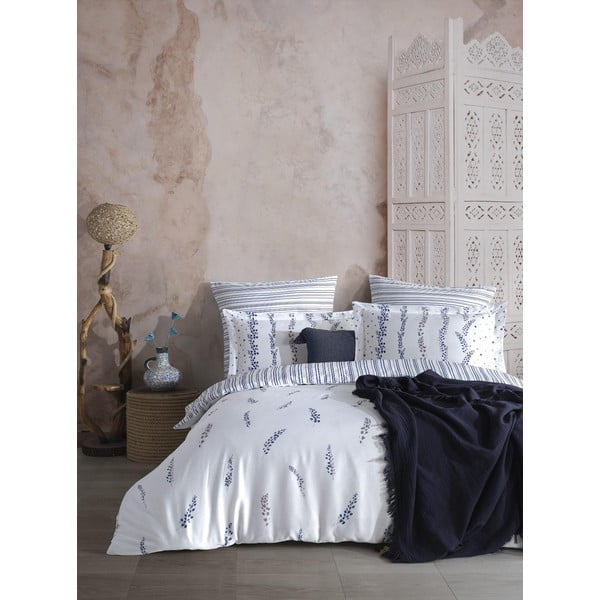 Biele/modré obliečky na dvojlôžko/predĺžené z bavlneného saténu 240x220 cm Marseille Floral – Mila Home Luxury