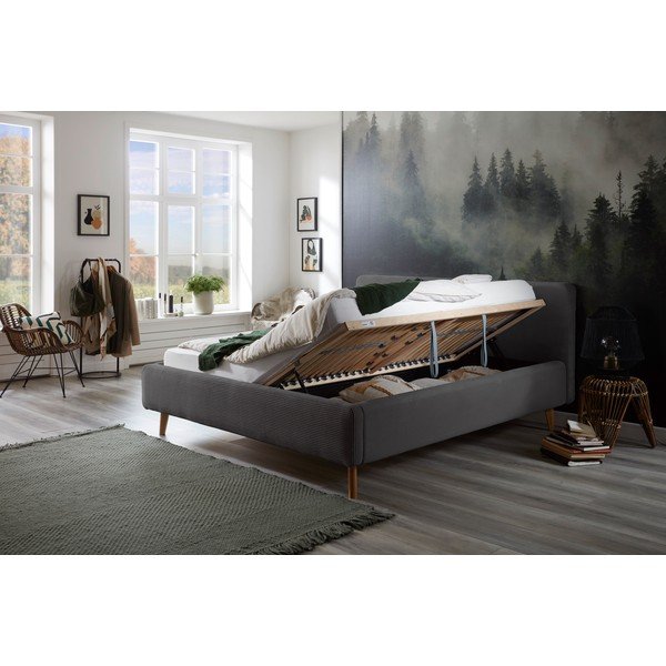 Tmavosivá čalúnená dvojlôžková posteľ s úložným priestorom s roštom 180x200 cm Mattis Cord – Meise Möbel-image-1
