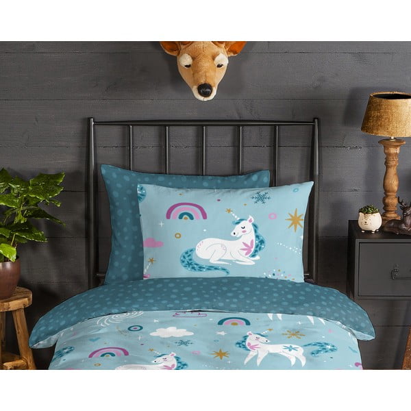 Modré flanelové detské obliečky na jednolôžko/predĺžené 140x220 cm Snowycorn – Good Morning-image-2