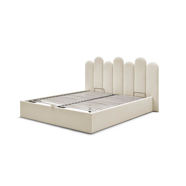 Béžová čalúnená dvojlôžková posteľ s úložným priestorom s roštom 160x200 cm Badja – Bobochic Paris