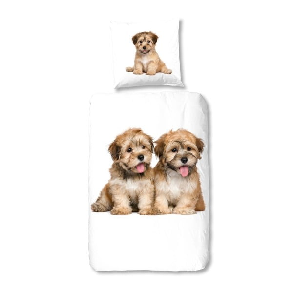 Detské flanelové obliečky na jednolôžko z čistej bavlny Good Morning Doggies, 140 × 200 cm