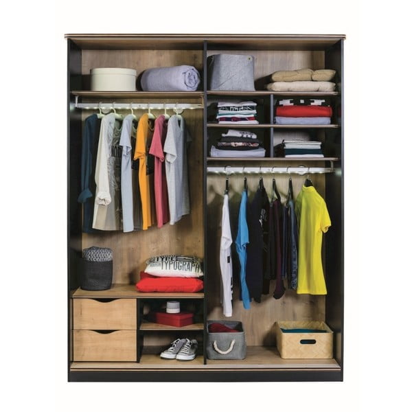 Čierna šatníková skriňa s dverami v prírodnej farbe Black Sliding Wardrobe-image-1