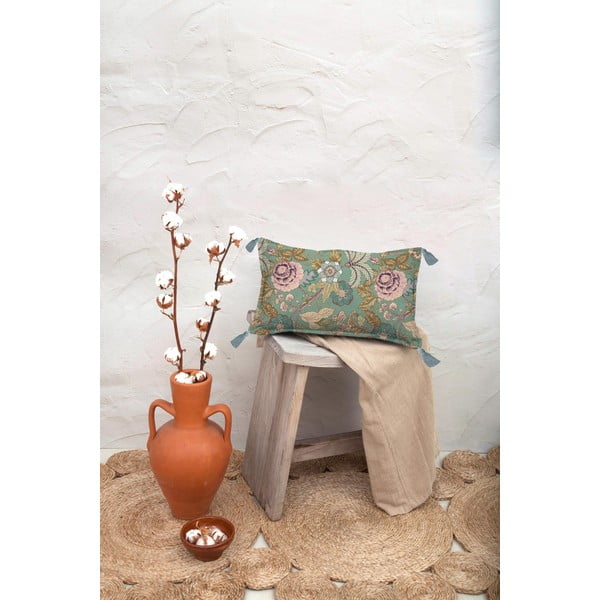 Zelený vankúš Velvet Atelier Japanese Flowers, 50 x 35 cm-image-1