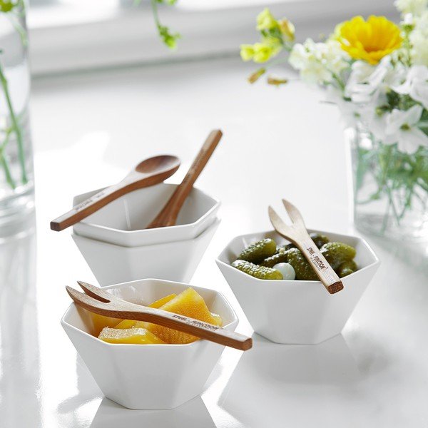 Sada 4 bielych misiek a bambusového príboru Steel Function Heptagon White