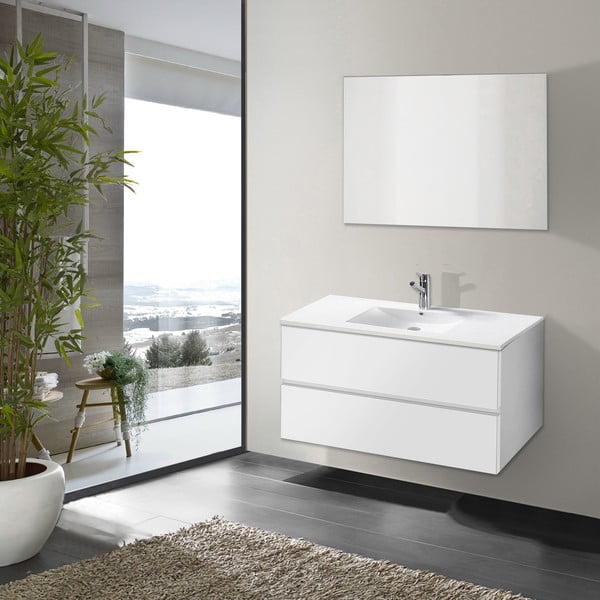Kúpeľňová skrinka s umývadlom a zrkadlom Flopy, odtieň bielej, 90 cm