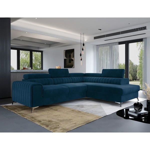 Modrá zamatová rozkladacia/s úložným priestorom rohová pohovka (pravý roh/do L) Laurence – ELTAP-image-4