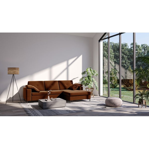 Tmavá oranžová zamatová rozkladacia rohová pohovka Ghado Moor, pravý roh-image-3