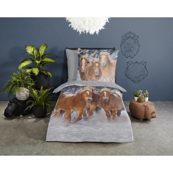 Sivé flanelové detské obliečky na jednolôžko 140x200 cm Happy Horses – Good Morning-image-1