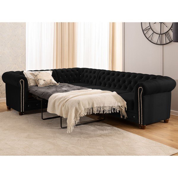 Čierna zamatová rozkladacia rohová pohovka (ľavý roh/do L) York Blik – Ropez-image-1