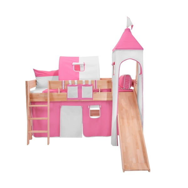 Detská poschodová posteľ so šmýkačkou a ružovo-bielym hradným bavlneným setom Mobi furniture Luk, 200 x 90 cm