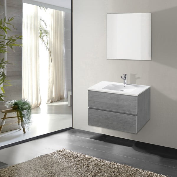 Kúpeľňová skrinka s umývadlom a zrkadlom Flopy, odtieň sivá, 60 cm
