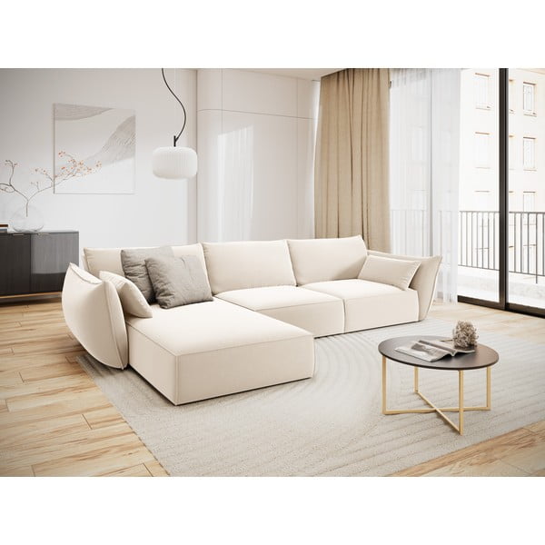 Béžová zamatová rohová pohovka (ľavý roh/s leňoškou) Vanda – Mazzini Sofas-image-1