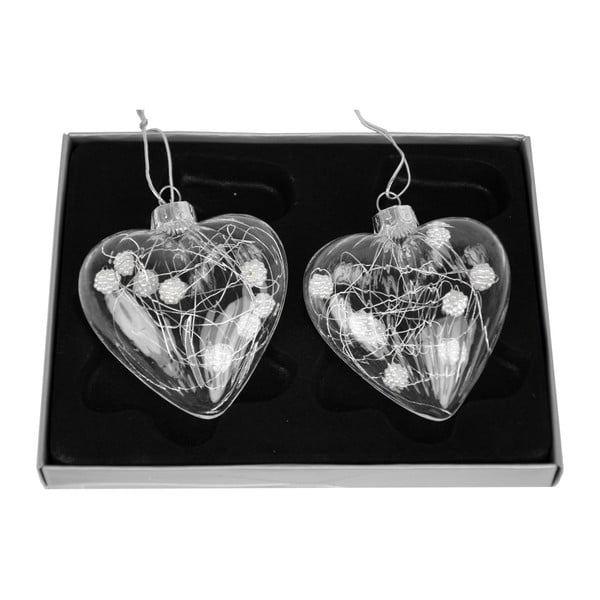 Sada 2 sklenených ozdôb v tvare srdca s korálikmi Ego Dekor, výška 9 cm