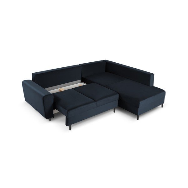 Tmavomodrá zamatová rozkladacia/s úložným priestorom rohová pohovka (pravý roh/do L) Kyoto – Cosmopolitan Design-image-3