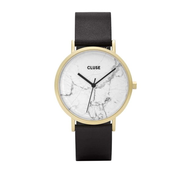Dámske hodinky s čiernym koženým remienkom a bielym mramorovým ciferníkom Cluse La Roche Star