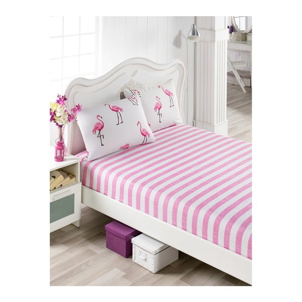 Súprava bavlnenej ružovej plachty a 1 obliečky na vankúš na jednolôžko Flamingos, 100 × 200 cm