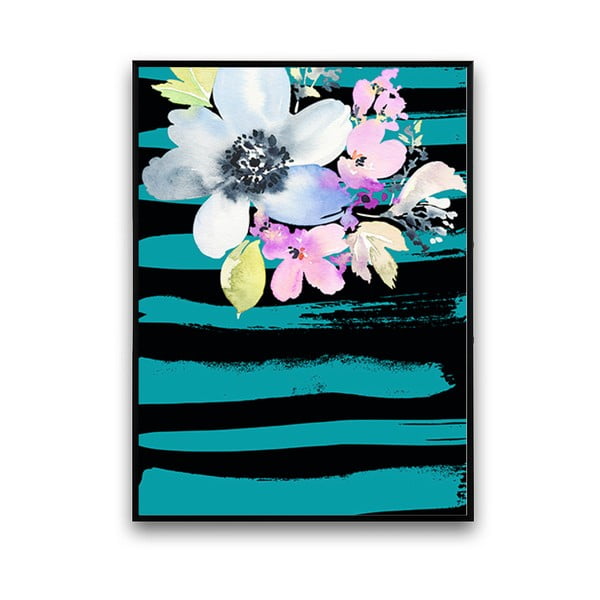 Plagát s kvetmi, tyrkysovo-čierne pozadie, 30 x 40 cm