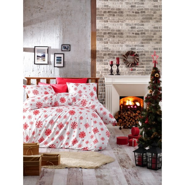 Obliečky s plachtou na jednolôžko z ranforce bavlny Nazenin Home Snow Red, 140 × 200 cm