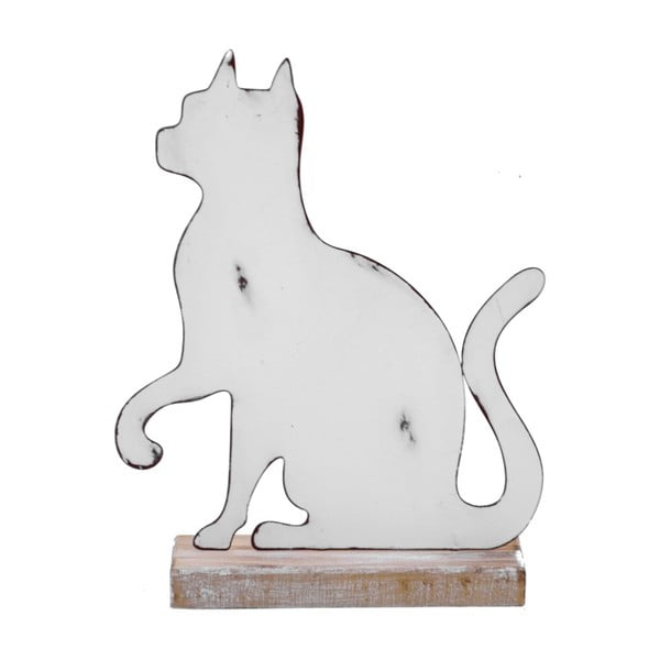 Veľká biela kovová dekorácia na drevenom podstavci s motívom mačky Ego Dekor, 19,5 × 25 cm