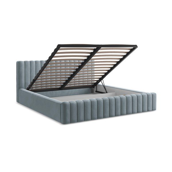 Svetlomodrá čalúnená dvojlôžková posteľ s úložným priestorom s roštom 180x200 cm Lemi – Makamii-image-3