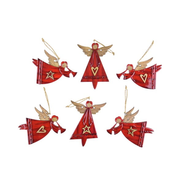 Súprava 6 červených vianočných ozdôb s anjelikmi Ego Dekor