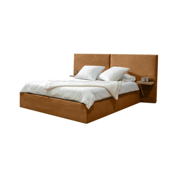 Okrovožltá čalúnená dvojlôžková posteľ s úložným priestorom s roštom 160x200 cm Blandine – Bobochic Paris