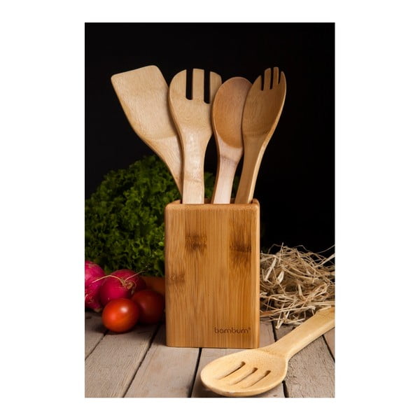 Súprava kuchynského náčinia z bambusu v stojane Bambum Ravioli-image-1