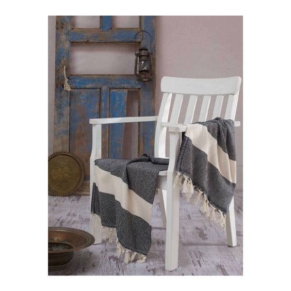 Krémovo-čierna osuška Hammam Elmas, 100 × 180 cm-image-1