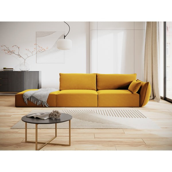 Zamatová pohovka v horčicovej farbe pravý roh 264 cm Vanda – Mazzini Sofas-image-1