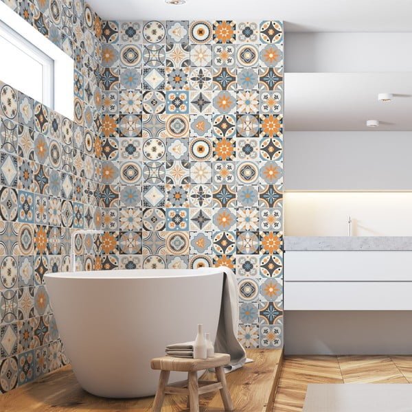 Sada 60 nástenných samolepiek Ambiance Wall Decal Cement Tiles Azulejos Vincinda, 15 × 15 cm