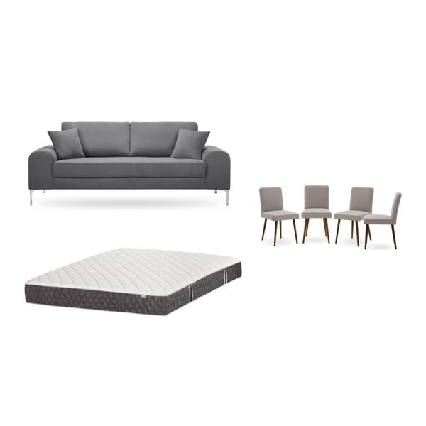 Set trojmiestnej sivej pohovky, 4 sivobéžových stoličiek a matraca 160 × 200 cm Home Essentials