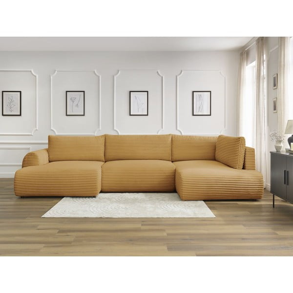 Menčestrová rozkladacia/s úložným priestorom rohová pohovka v horčicovej farbe (pravý roh/do tvaru "U") Lucien – Bobochic Paris-image-1