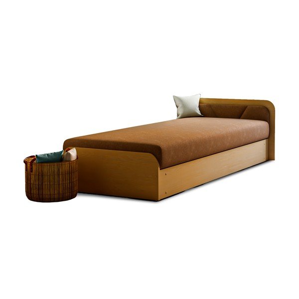 Okrovožltá/hnedá čalúnená/z drevotriesky jednolôžková posteľ s úložným priestorom s matracom 80x190 cm Parys – ELTAP