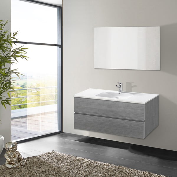 Kúpeľňová skrinka s umývadlom a zrkadlom Flopy, odtieň sivej, 100 cm