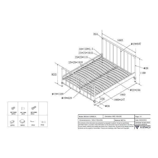 Zelená kovová dvojlôžková posteľ s roštom 160x200 cm BRONXX – Vipack-image-4