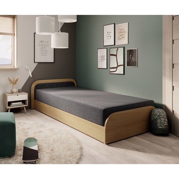 Okrovožltá/tmavosivá čalúnená/z drevotriesky jednolôžková posteľ s úložným priestorom s matracom 80x190 cm Parys – ELTAP-image-1