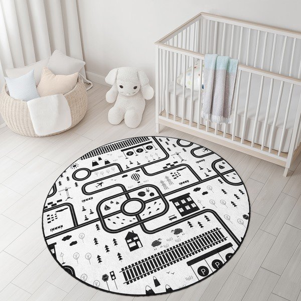 Čierno-biely prateľný detský hrací koberec ø100 cm In My Town – Mila Home-image-3
