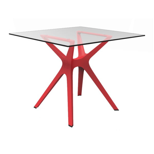 Jedálenský stôl s červenými nohami a sklenenou doskou vhodný do exteriéru Resol Vela, 90 × 90 cm