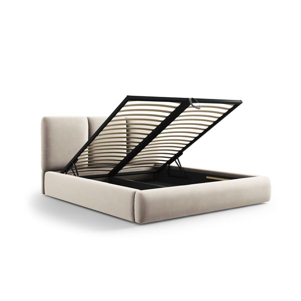 Krémová zamatová čalúnená dvojlôžková posteľ s úložným priestorom s roštom 160x200 cm Brody – Mazzini Beds-image-3
