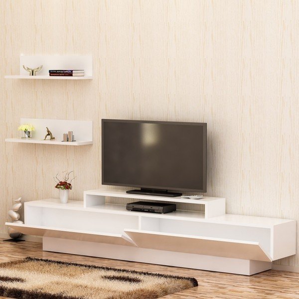 Set bielého TV stolíka a 2 nástenných políc Lucca TV White-image-3