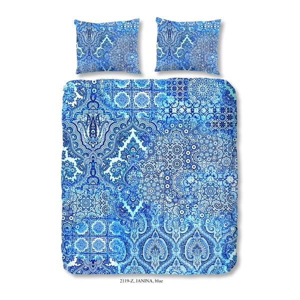 Modré obliečky na dvojlôžko z bavlneného saténu zouzou Laguna, 200 × 200 cm