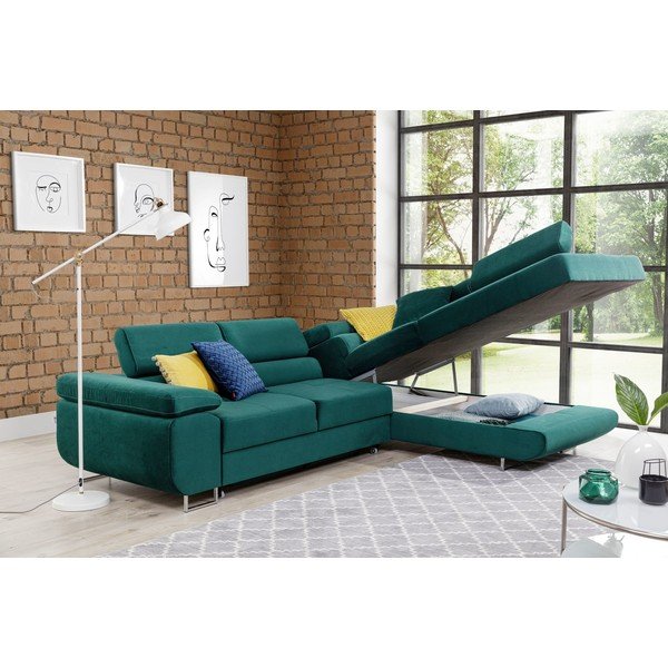 Zelená zamatová rozkladacia/s úložným priestorom rohová pohovka (pravý roh/do L) Anton – ELTAP-image-3