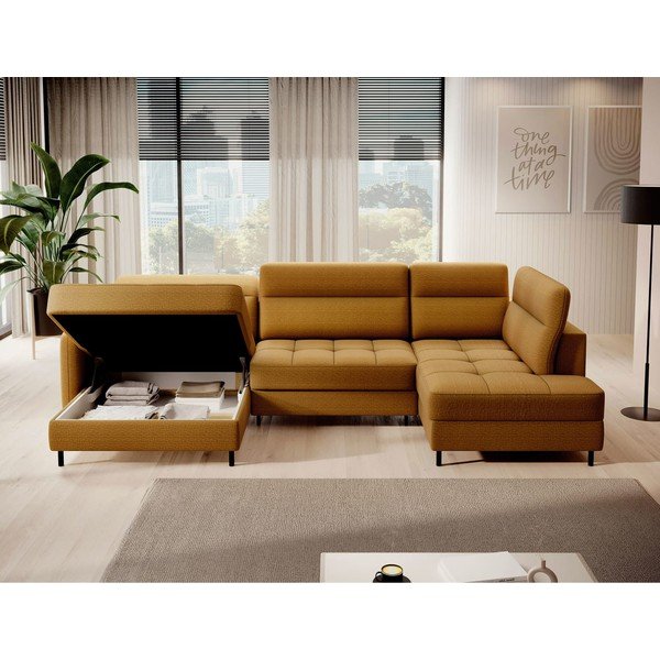 Žltá zamatová rozkladacia/s úložným priestorom rohová pohovka (pravý roh/do tvaru "U") Berrto – ELTAP-image-3