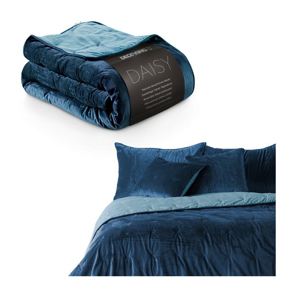 Modrá zamatová prikrývka na jednolôžko DecoKing Daisy, 210 x 170 cm-image-2