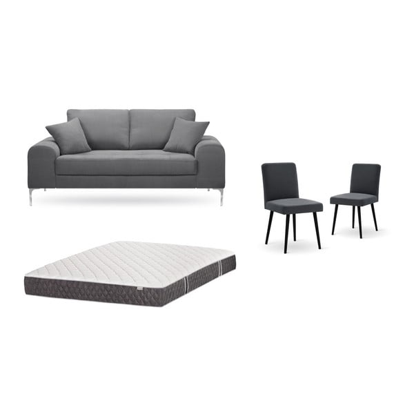 Set dvojmiestnej sivej pohovky, 2 antracitovosivých stoličiek a matraca 140 × 200 cm Home Essentials