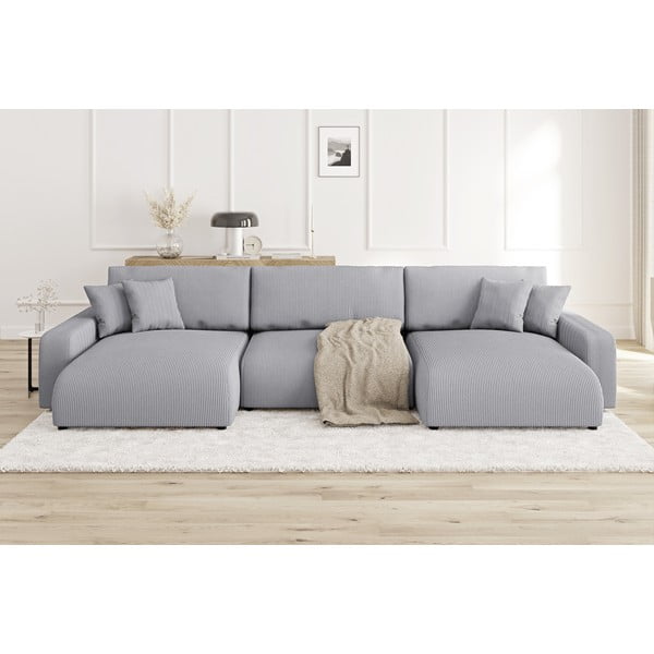 Svetlosivá menčestrová rozkladacia/s úložným priestorom rohová pohovka Sara – Ropez-image-1