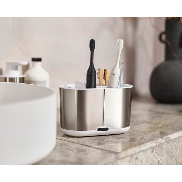 Stojan na zubné kefky z nehrdzavejúcej ocele v striebornej farbe Duo Steel – Joseph Joseph-image-1