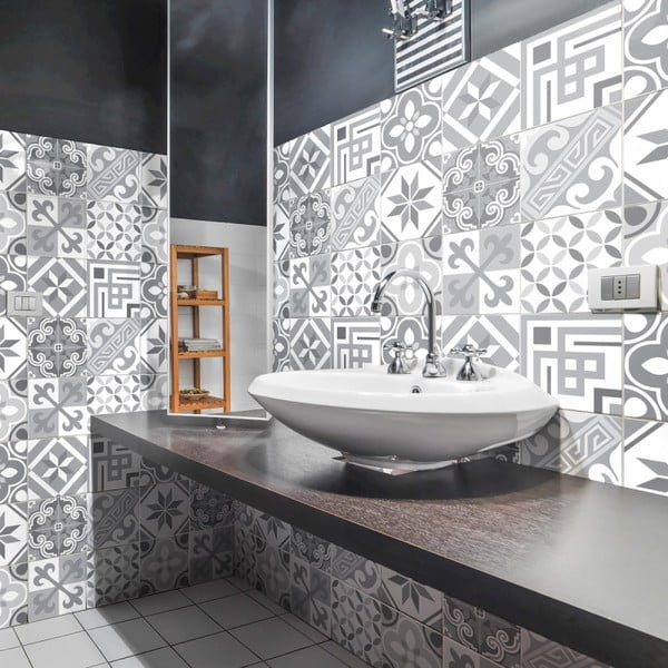 Sada 24 nástenných samolepiek Ambiance Wall Decal Cement Tiles Azulejos Micalina, 15 × 15 cm