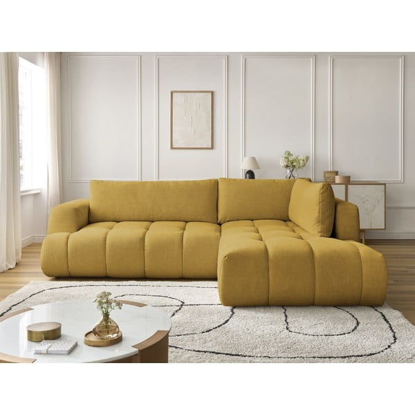 Rozkladacia/s úložným priestorom rohová pohovka v horčicovej farbe (pravý roh/do L) Fuji – Bobochic Paris-image-1